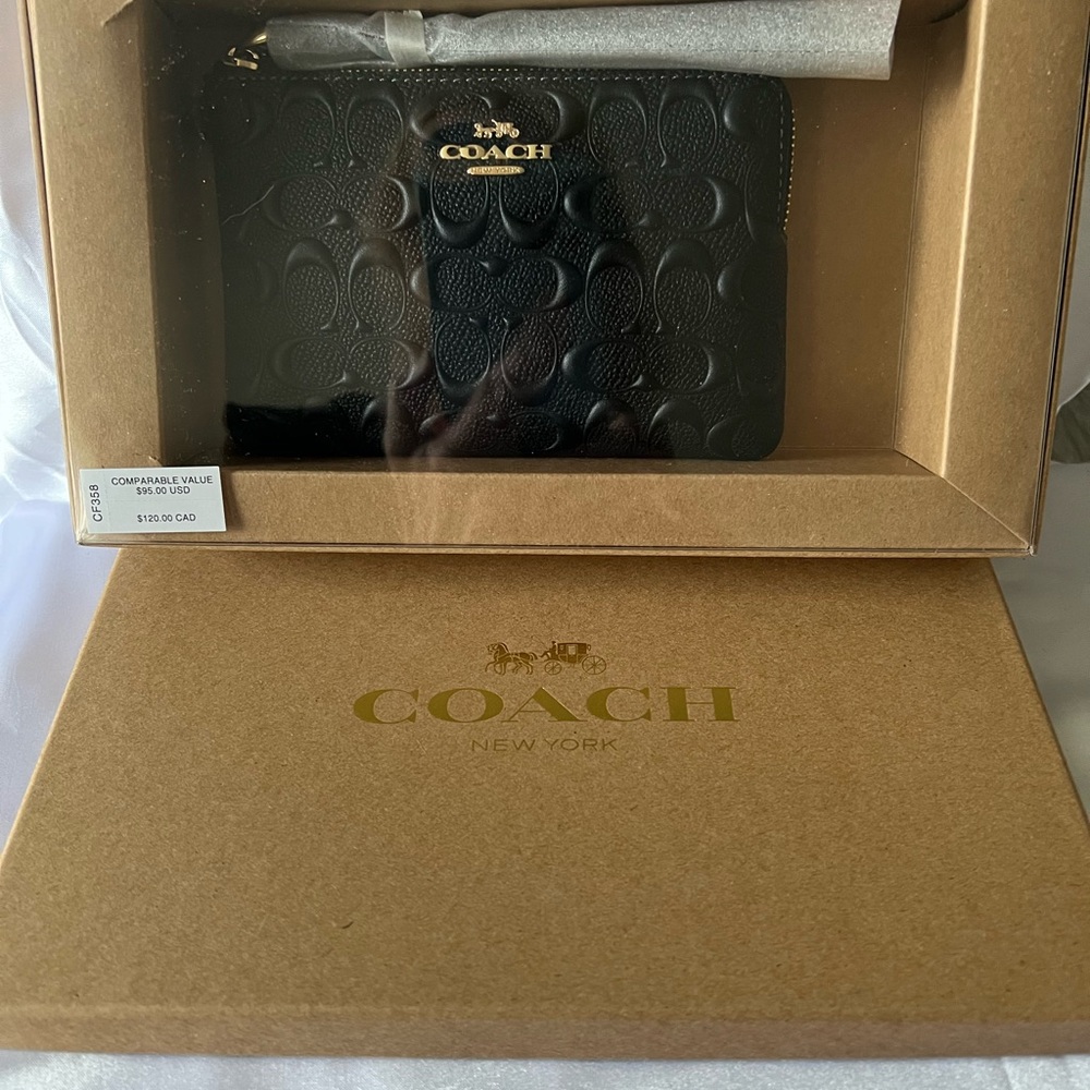 Coach Black Embossed Wristlet with Gold Accents Brand New In Coach Gift Box NWT